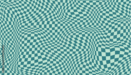 Green groovy checker seamless pattern, wavy abstract retro checkerboard background. Trippy wave board geometric. Funky square warp y2k chess psychedelic 90s print.