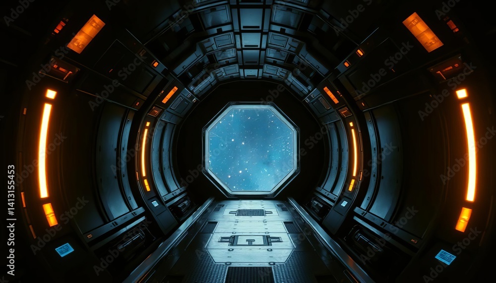 Fototapeta premium Dark, claustrophobic alien corridor; pulsating lights reflect on metallic walls, distant stars visible through cracked viewport, void, sci-fi