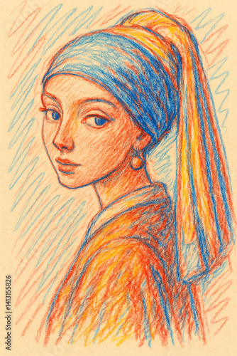 Crayon Drawing of Girl With Pearl Earing