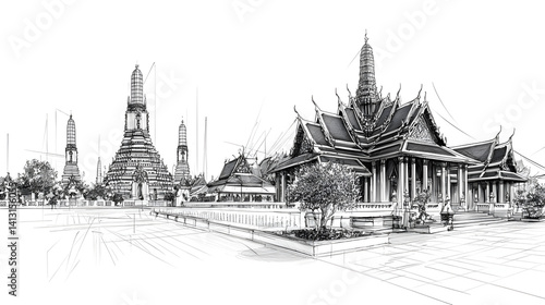 A drawing of a city with a temple in the background. Generated using AI.