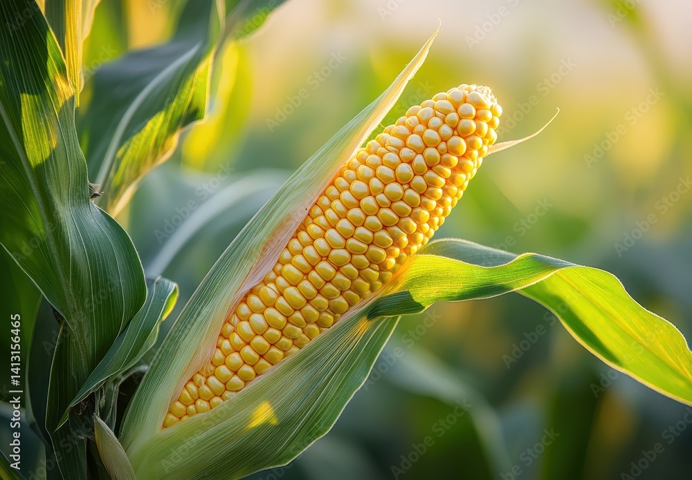 Close-up of Fresh Corn Cob Surrounded by Lush Green Leaves in a Sunlit Field During Late Afternoon, Perfect for Agriculture and Food Imagery