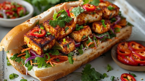 Crispy tofu banh mi sandwich pickled veggies and cilantro whole sandwich on clean white tray
