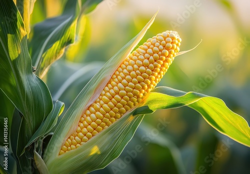 Obraz na płótnie Close-up of Fresh Corn Cob Surrounded by Lush Green Leaves in a Sunlit Field During Late Afternoon, Perfect for Agriculture and Food Imagery w salonie