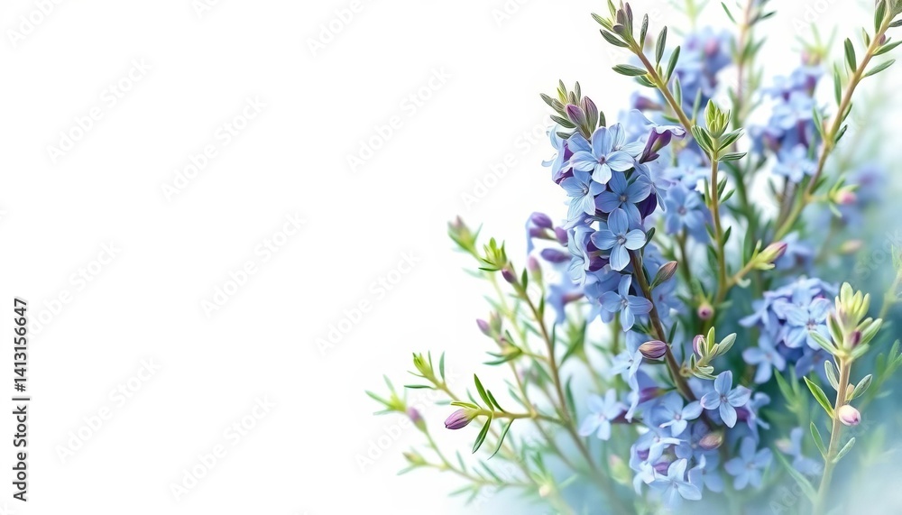 Obraz premium Delicate blue rosemary flowers and green foliage watercolor border, painting, wedding