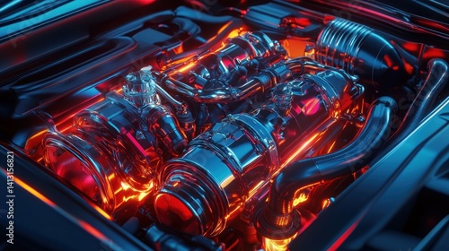 A high-performance twin-turbo V8 engine, red-hot exhaust headers glowing --ar 16:9 --v 6.1 Job ID: c02f0255-bcb0-4a1b-bbdc-44cab241527f