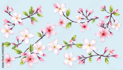 Delicate jasmine blossoms and branches arranged in a seamless watercolor pattern on a soft blue background, botanical, vector