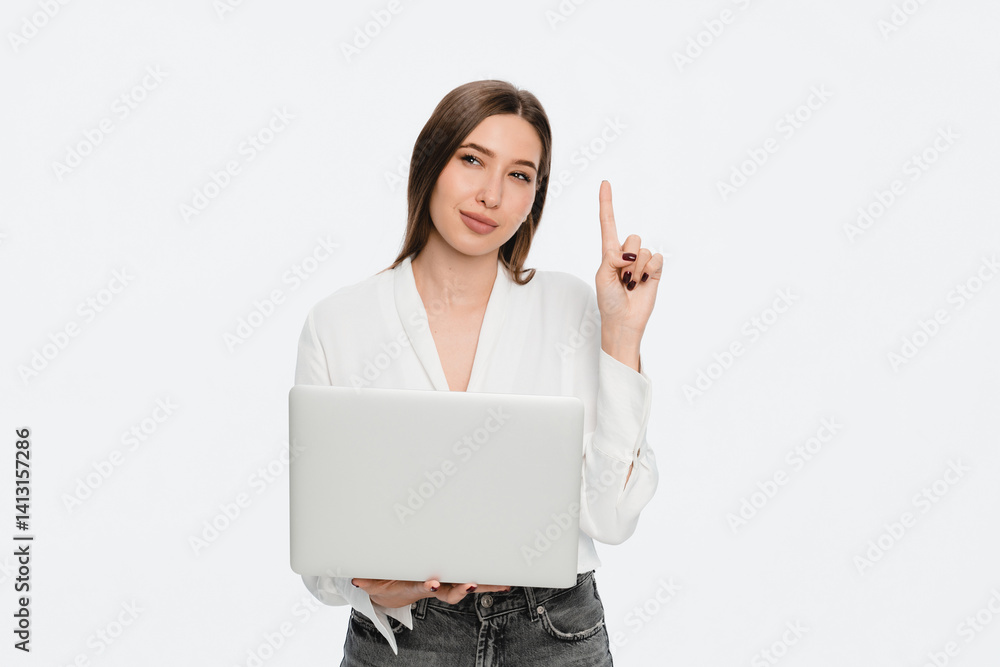 Smart caucasian young woman ceo manager bank employee worker boss having idea startup holding laptop for remote work, watching webinars online, multitasking isolated in white Smart caucasian young woman ceo manager bank employee worker boss having idea startup holding laptop for remote work, watching webinars online, multitasking isolated in white