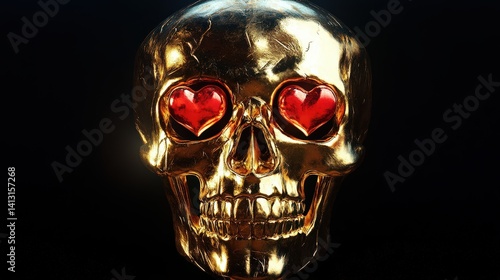 Wallpaper Mural Golden Skull With Red Hearts for Eyes Against a Dark Background Creates a Striking Visual Contrast Torontodigital.ca