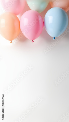 Pastel balloons floating on white background with copyspace, concept of baby shower, wedding, decoration birthday party