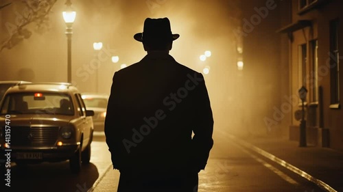 Mysterious Silhouette of Man in Hat Walking Down Foggy Street at Night Cinematic