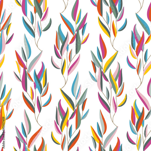 white background Abstract seamless pattern of colorful and bright  eucalyptus branches . Good for fabric, wrapping or digital paper, new and unique 