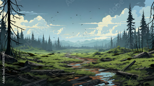Tranquil Pixel Art Landscape Featuring Dense Green Forest Under a Cloudy Blue Sky With a Flowing Stream and Lush Grass Fields photo