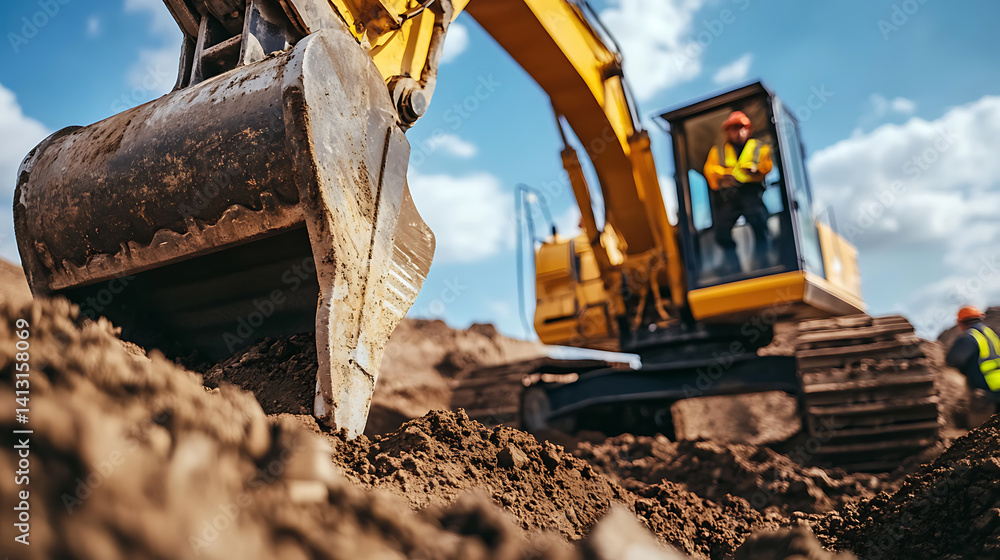 Fototapeta premium Mining worker operating a large excavator at a mining site. Featuring excavation and machinery operation