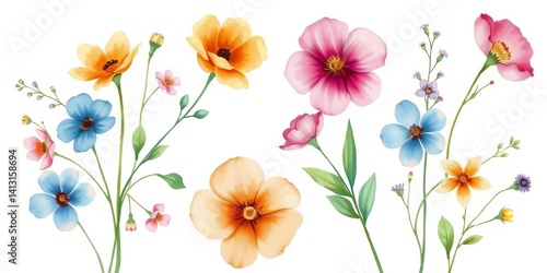 Fototapeta Naklejka Na Ścianę i Meble -  Delicate watercolor spring/summer floral arrangements; minimal botanical illustrations on soft backgrounds, subtle, wildflower