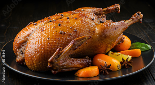 Elegant Roasted Goose Adorned with Festive Citrus Fruits And Star Anise