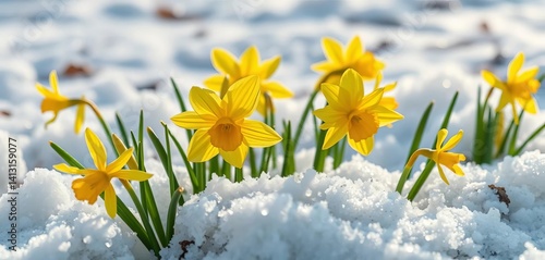 Delicate yellow narcissus blooms emerge from snow, glistening with spring rain, flora, vibrant