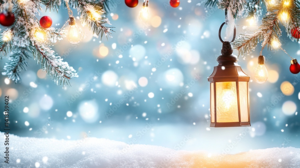 Warm Lantern Glow on Snowy Background with Holiday Lights and Ornaments