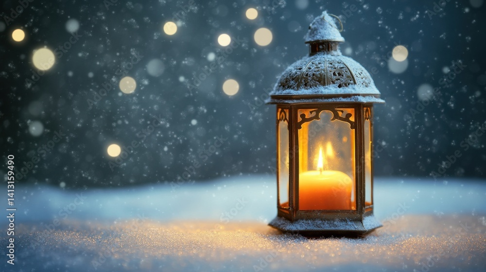 Warm Lantern Glow in Snowy Winter Scene with Soft Bokeh Lights