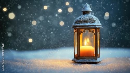 Obraz na płótnie Warm Lantern Glow in Snowy Winter Scene with Soft Bokeh Lights w salonie