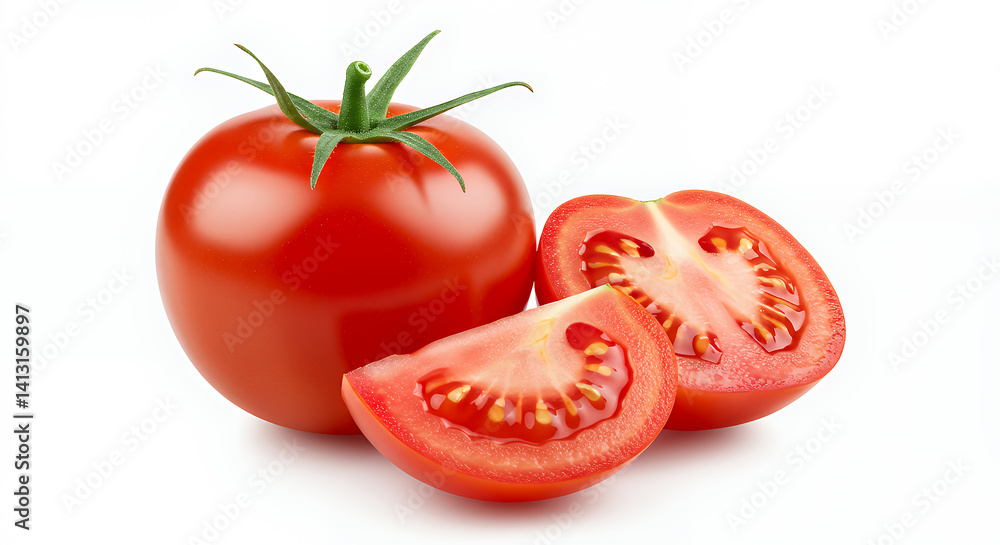 Fresh Red Tomatoes Whole and Sliced Juicy Ripe Organic Produce Fresh Red Tomatoes Whole and Sliced Juicy Ripe Organic Produce