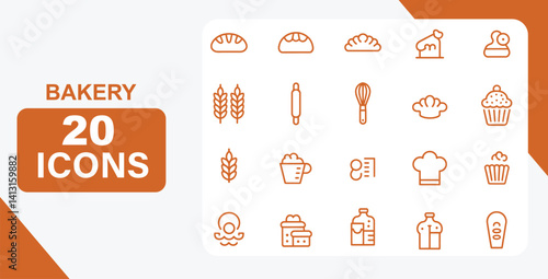 20 Bakery Line Icons with Bread, Cupcakes, Tools, and Chef Hats