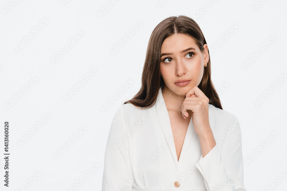 Portrait of standing with thoughtful serious smart expression, pondering answer, having doubts and suspicion, wearing white shirt. Indoor studio shot isolated on white background. Portrait of standing with thoughtful serious smart expression, pondering answer, having doubts and suspicion, wearing white shirt. Indoor studio shot isolated on white background.