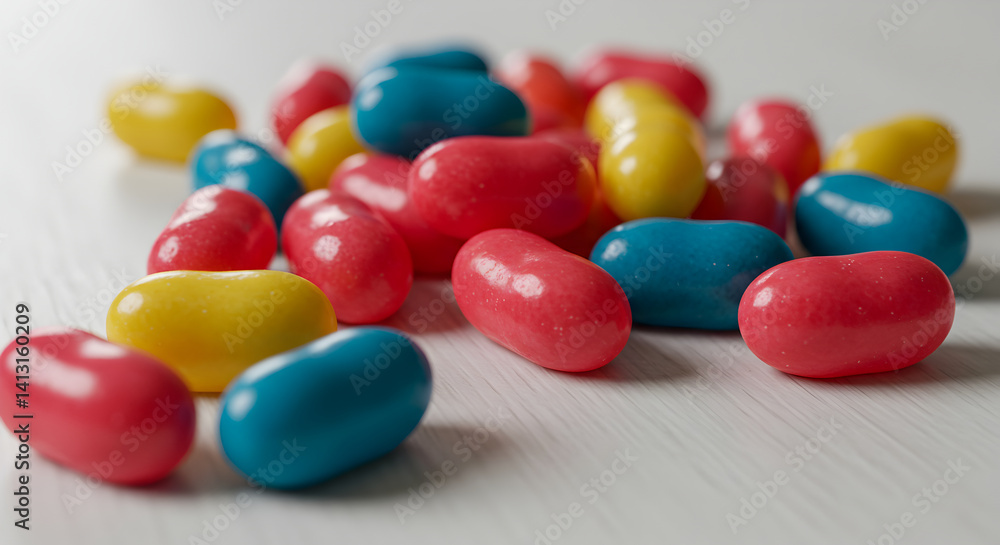 Close Up Shot Of Delicious Multicolor Jelly Beans On Wooden Tabletop Close Up Shot Of Delicious Multicolor Jelly Beans On Wooden Tabletop