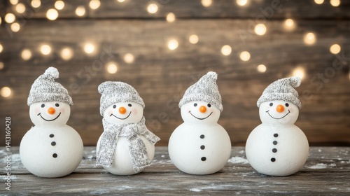 Whimsical Snowmen Decorations on a Wooden Surface with Lights