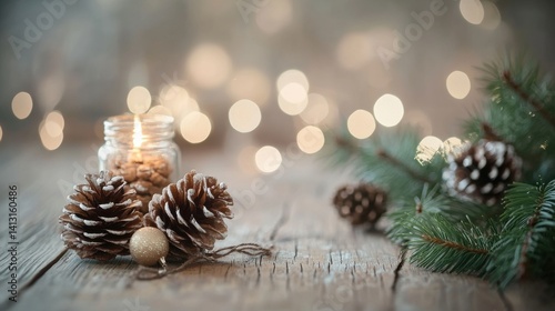 Winter Decor with Pinecones and Candle Glow on Rustic Wooden Table