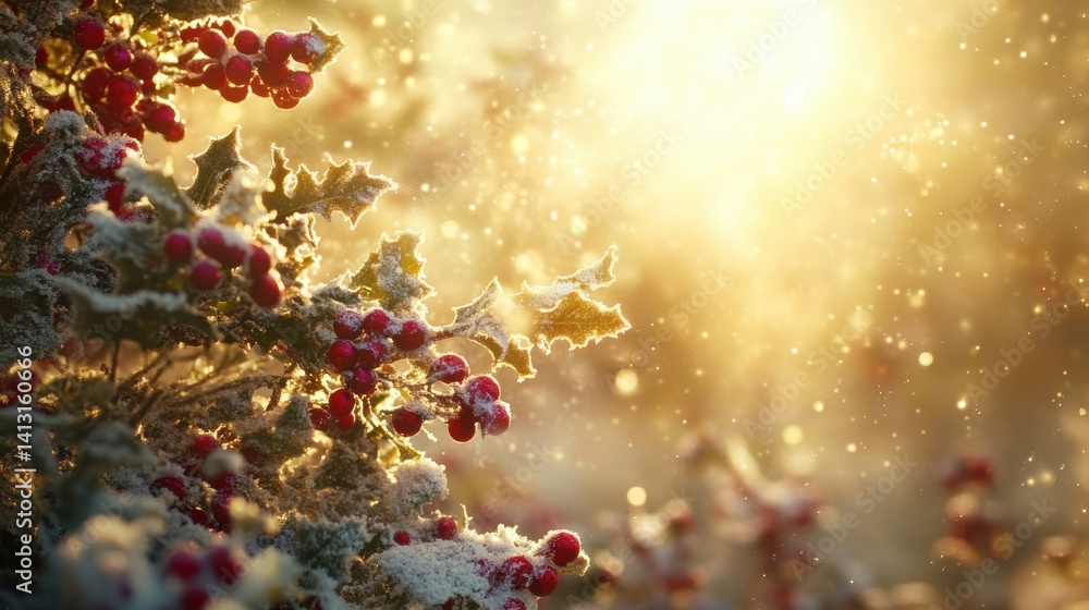 Winter Landscape with Berries and Soft Sunlight Glowing Background
