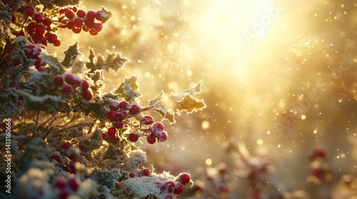 Obraz na płótnie Winter Landscape with Berries and Soft Sunlight Glowing Background w salonie
