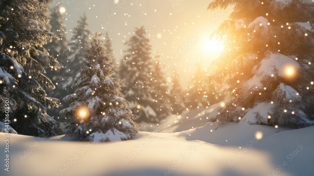 Winter Landscape with Snowy Trees and Glowing Sunlight in Background