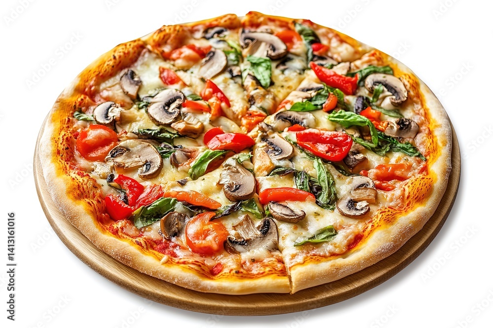 A pizza with vegetables and mushrooms on it. A pizza with vegetables and mushrooms on it.