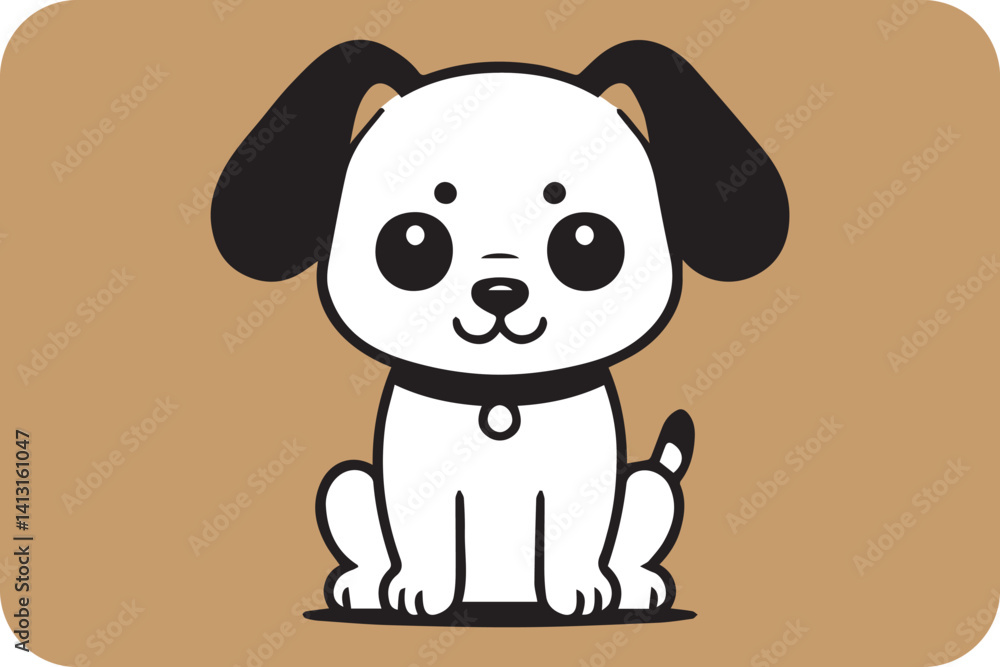 Fototapeta premium Adorable Black and White Puppy Sitting, Cute Cartoon Dog Illustration with Big Eyes and Collar.