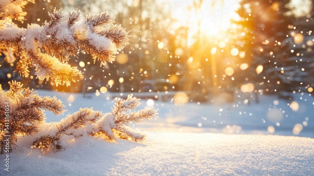 Winter Sunset with Snowy Pine Branch and Soft Flurries Falling