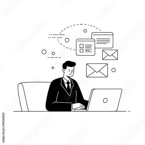 Assistant managing emails, focused and working at a laptop desk  