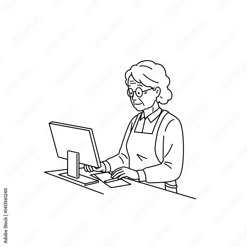 Elderly woman behind register working at a computer Elderly woman behind register working at a computer