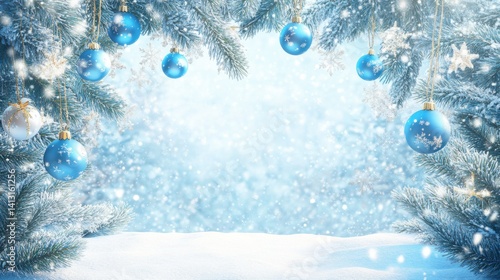 Obraz na płótnie Winter Wonderland with Blue Ornaments and Snowy Background Scene w salonie