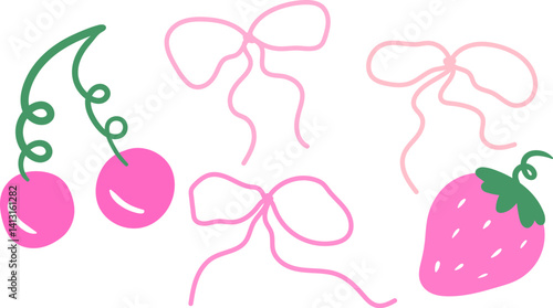 gentle pink bows berries vector elements isolated strawberry cherry simple hand drawn girly minimalist design textile decor soft colors