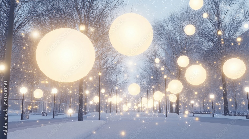 Winter Wonderland with Glowing Spheres and Soft Snowfall Effects
