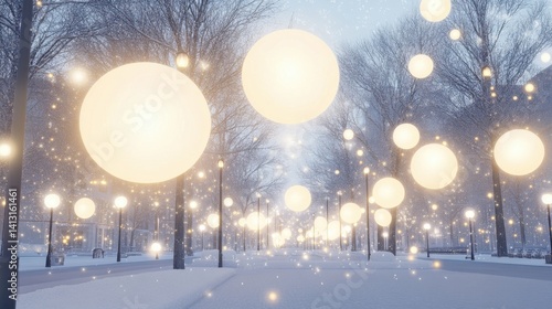 Obraz na płótnie Winter Wonderland with Glowing Spheres and Soft Snowfall Effects w salonie
