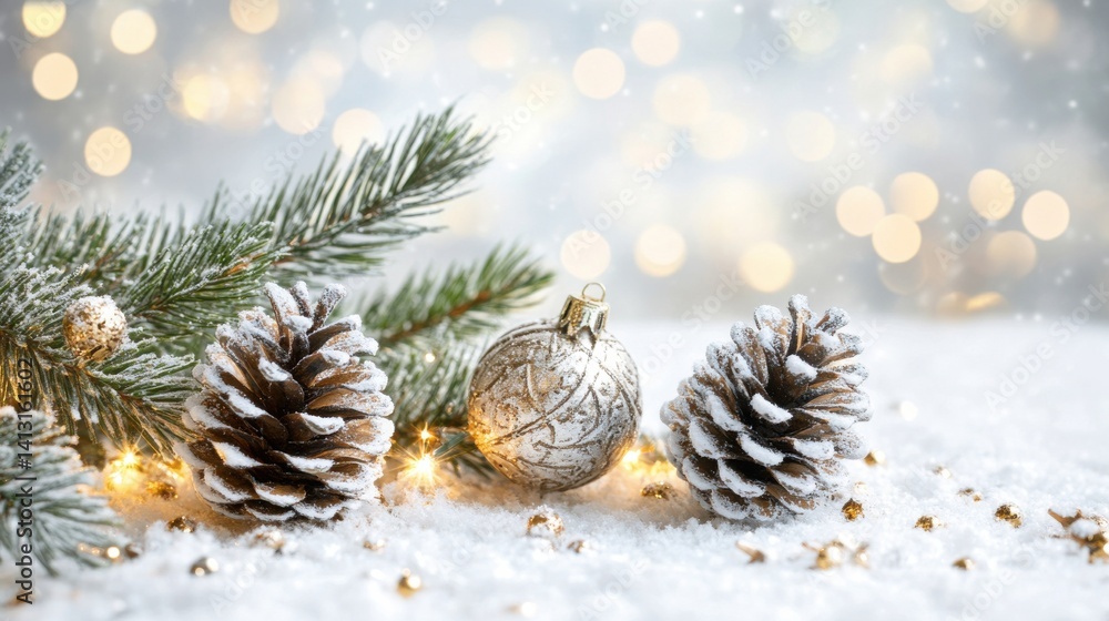 Winter Wonderland with Snowy Pine Cones and Silver Christmas Ornament