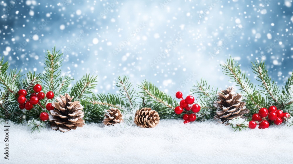 Winter Wonderland with Pinecones and Red Berries on Snow Background