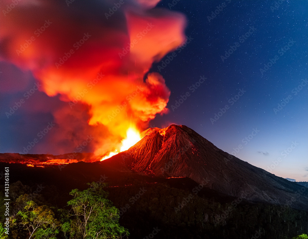 The fiery red glow of an erupting volcano against a dark night sky showcases Indonesia's dramatic geological landscape and natural power. The fiery red glow of an erupting volcano against a dark night sky showcases Indonesia's dramatic geological landscape and natural power.