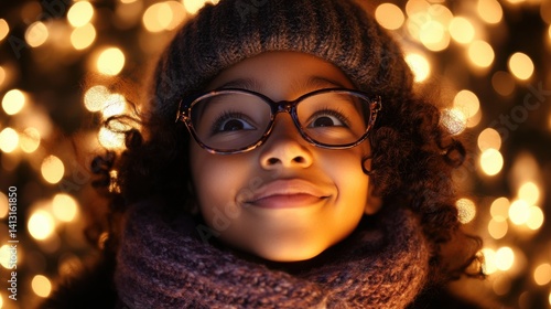Young Girl Smiling Joyfully Surrounded by Beautiful Christmas Lights