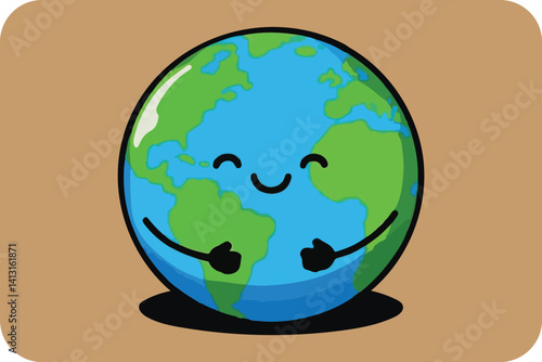 Happy Earth Being Hugged, Cute Cartoon Globe Illustration Representing Love and Care for Our Planet.