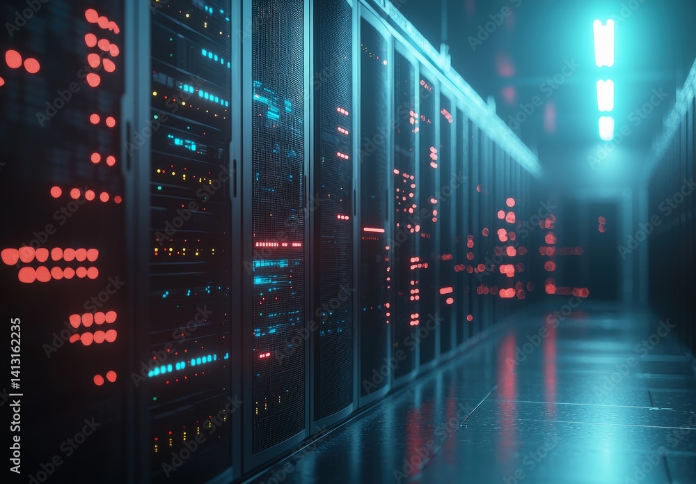 Dimly lit server room with glowing red and blue indicator lights reflecting on a glossy floor. Ideal for cybersecurity, data center visuals, and advanced IT infrastructure themes