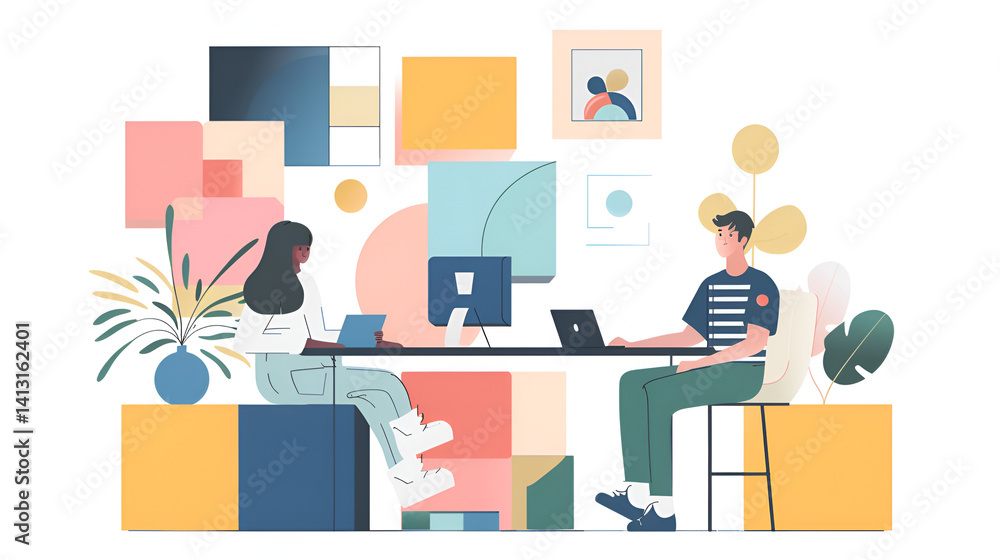 Illustration of two people working at a desk with laptops and abstract geometric shapes behind them Illustration of two people working at a desk with laptops and abstract geometric shapes behind them