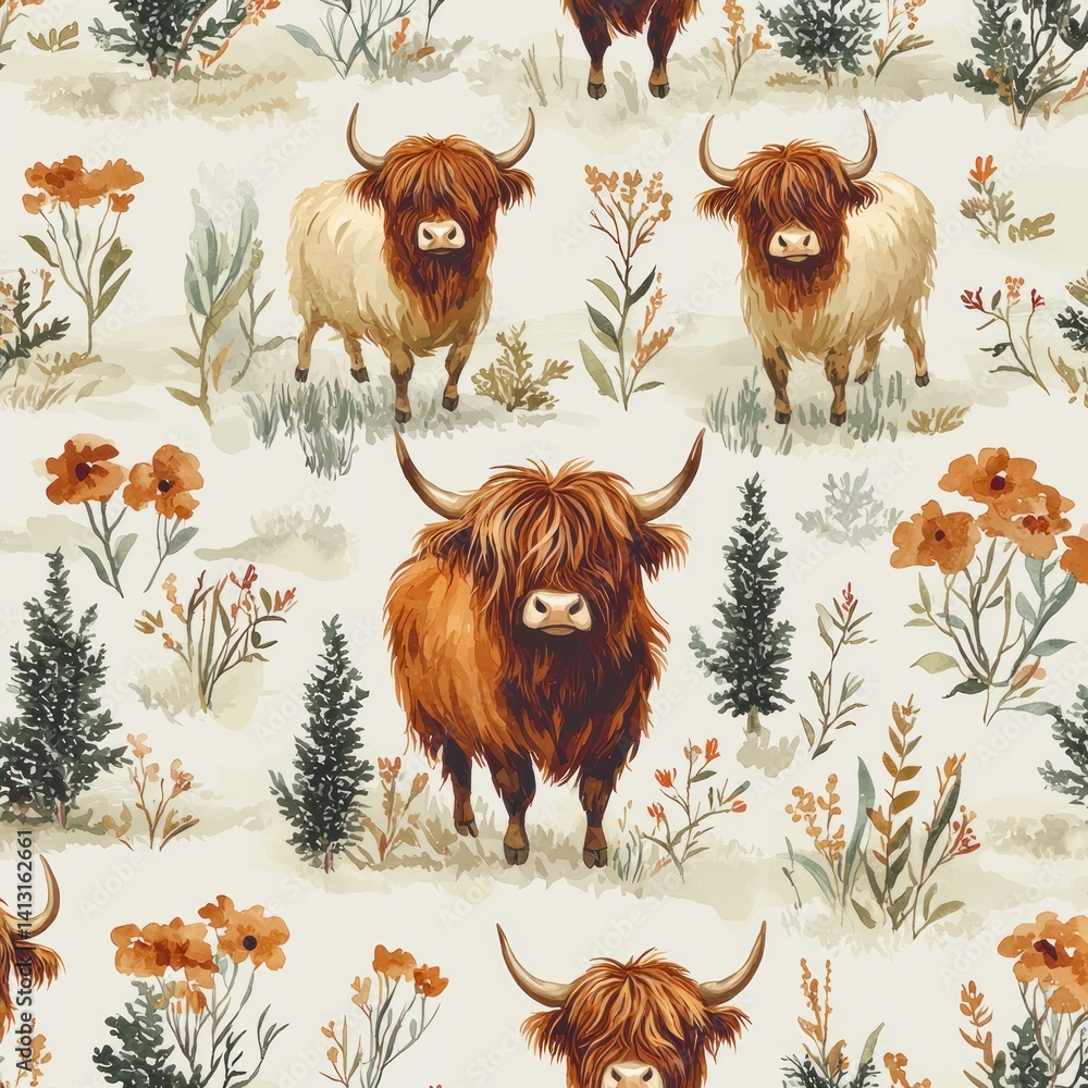 Seamless watercolor pattern showcasing charming highland cows and floral elements