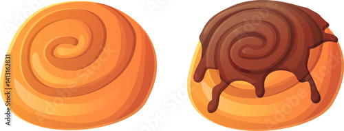 Set of two cartoon-style cinnamon rolls, one plain and one topped with dripping chocolate glaze. Tasty pastry elements isolated on white background, perfect for food-themed designs and bakery-related 